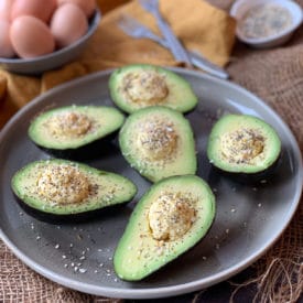 These Everything Bagel Spice Avocado Devilled Eggs are Keto friendly, Low Carb, Gluten Free and packed with healthy fats for a super simple lunch or snack!
