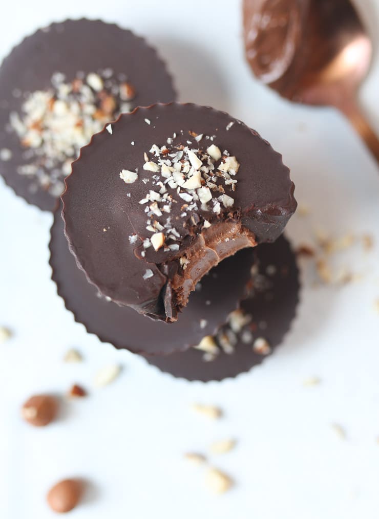 birds eye view of a stack of vegan nutella cheesecake chocolate cups for valentines day