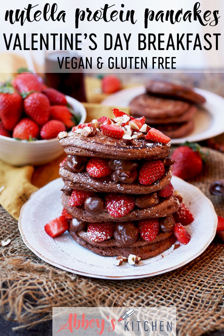 These Vegan Nutella Protein Pancakes make a delicious Healthy Gluten Free Valentine's Day Breakfast Recipe for a plant-based breakfast in bed! #abbeyskitchen #nutellapancakes #valentinesdaybreakfast