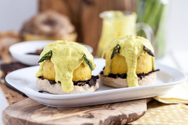 close up of soy-free vegan benedict on a white plate