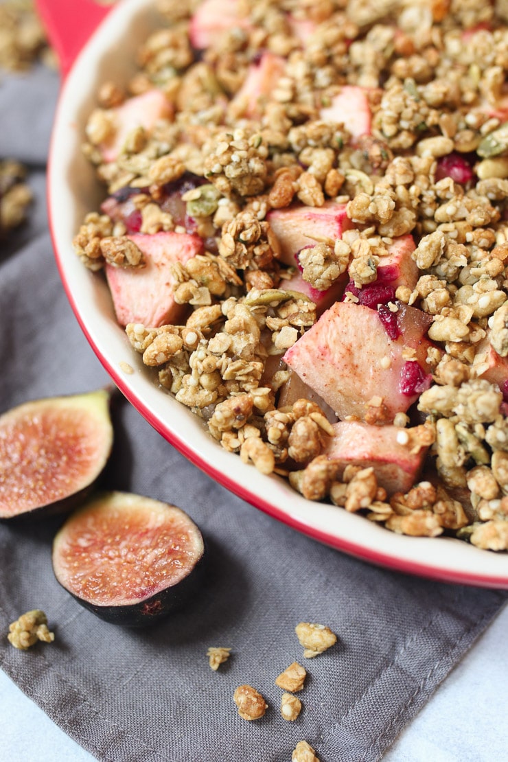 Close up of the best apple crisp recipe with ginger.