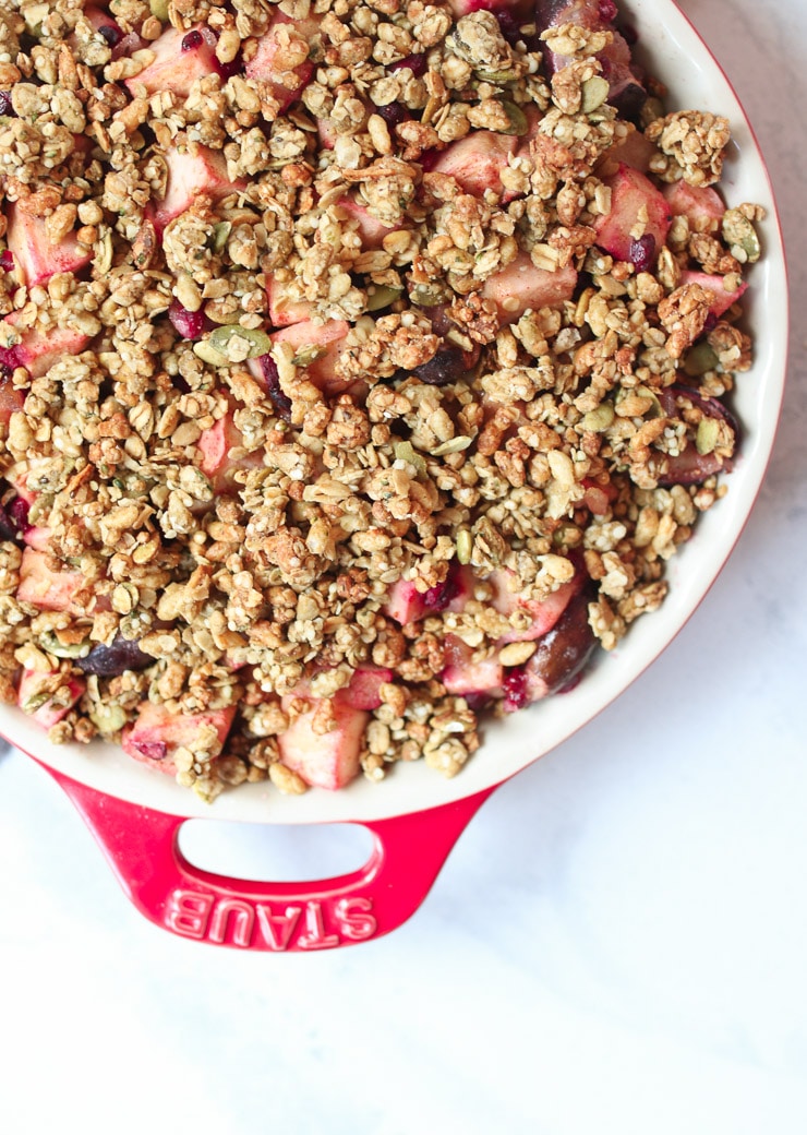 Close up of ginger apple crisp with apples and figs.