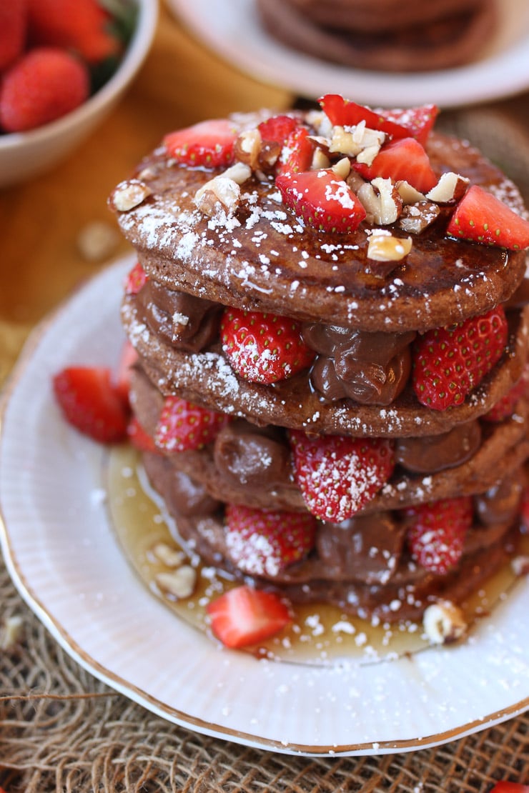 These Vegan Nutella Protein Pancakes make a delicious Healthy Gluten Free Valentine's Day Breakfast Recipe for a plant-based breakfast in bed!