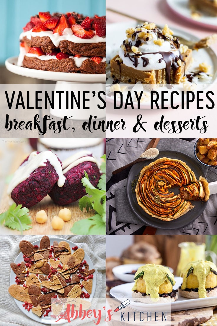 pinterest image of a variety of vegan valentines day recipes with text overlay