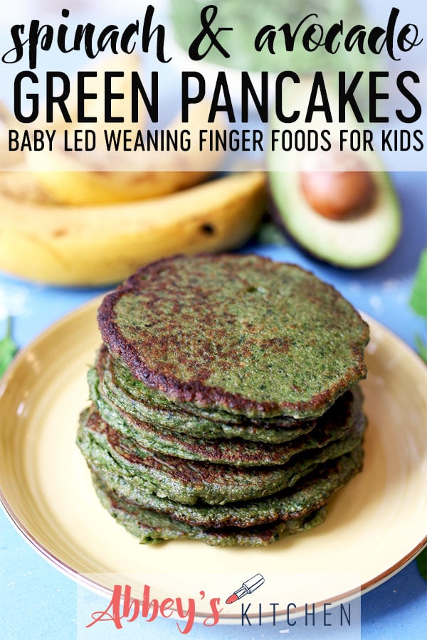 Stack of spinach and avocado green pancakes on a yellow plate.