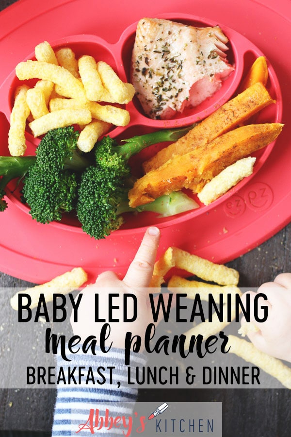 Baby playing with food next to a red plate with baby led weaning lunch.