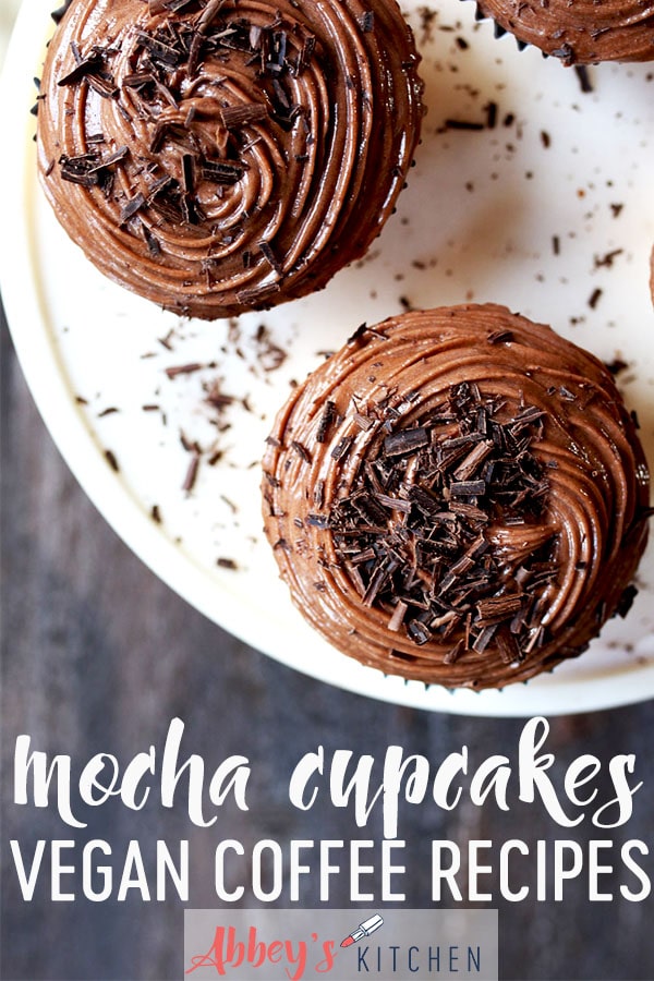 pinterest image of Vegan mocha cupcakes on a white plate topped with chocolate shavings with text overlay.