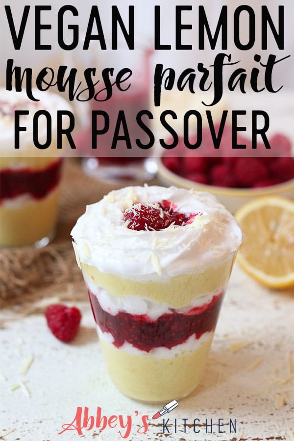 pinterest image of vegan lemon mousse parfait layered with raspberry chia jam in a glass with text overlay