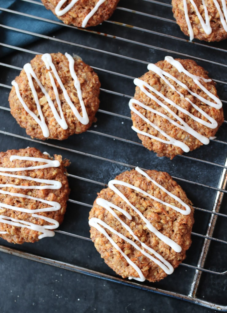 Vegan carrot cake lactation cookies on a rack.