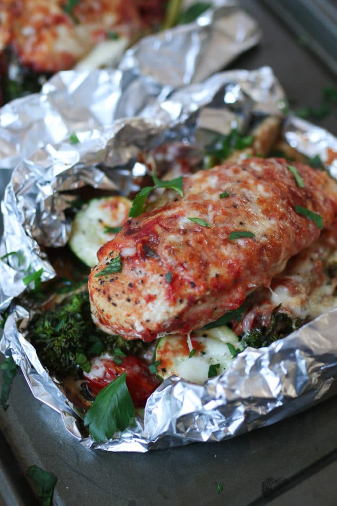 Foil pack dinner with vegetables.