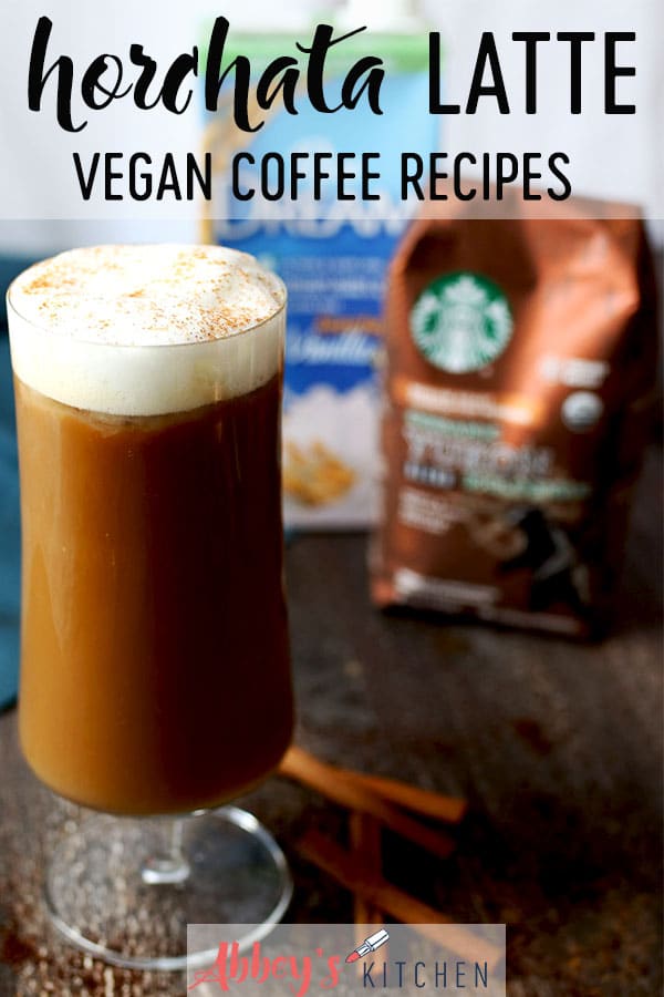 pinterest image of Vegan horchata latte in a tall glass with text overlay.