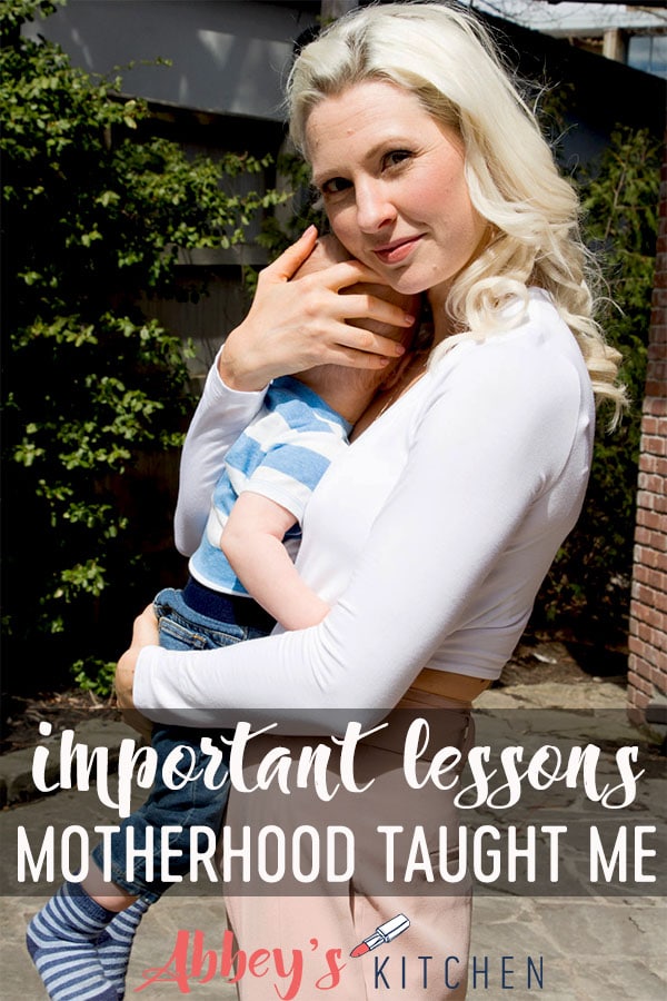 pinterest image of blonde woman holding her baby outside with text overlay