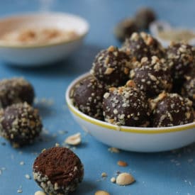 Peanut butter protein balls in a bowl.