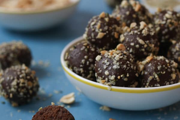Peanut butter protein balls in a bowl.