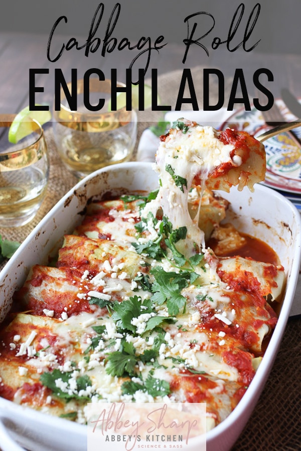 pinterest image of low carb enchilada recipe topped with parsley and cheese with text overlay