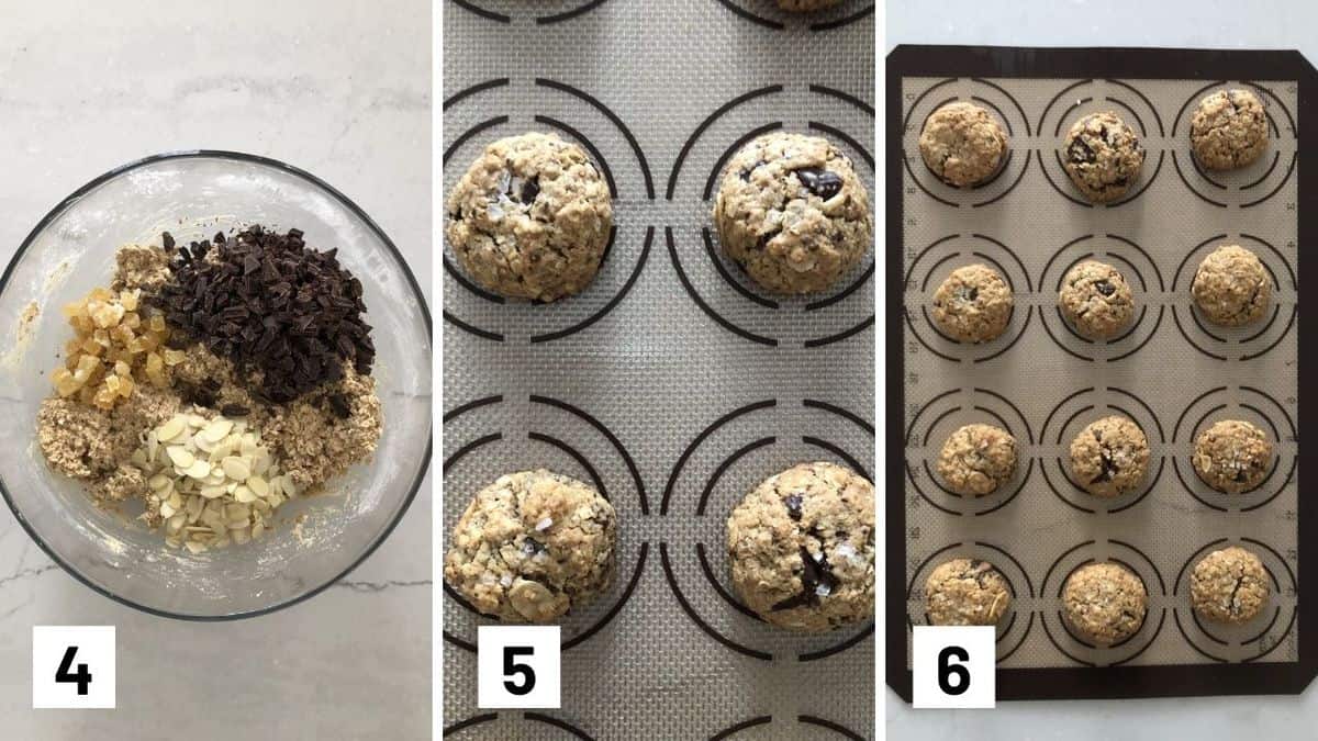 Set of three photos showing cookie batter mixed, rolled into balls, and baked.