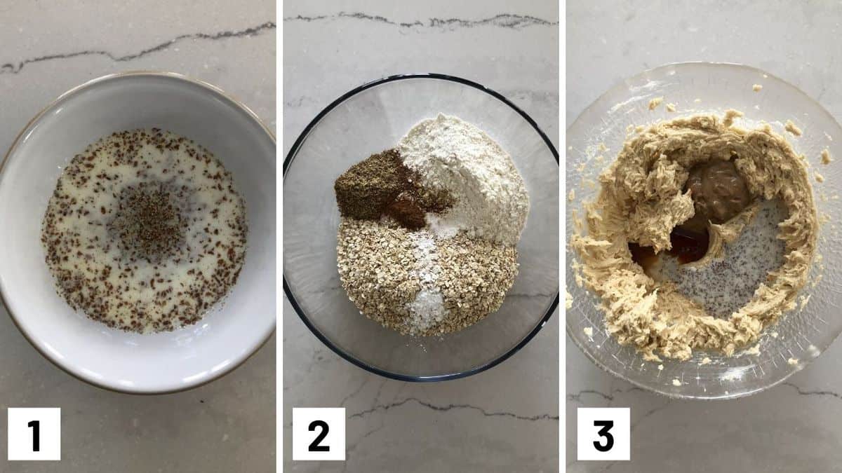 Set of three photos showing cookie ingredients being mixed together.