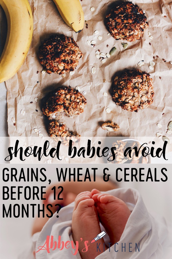 pinterest image of Granola cookies on brown paper next to bananas and baby's feet wrapped in a white blanket with text overlay.