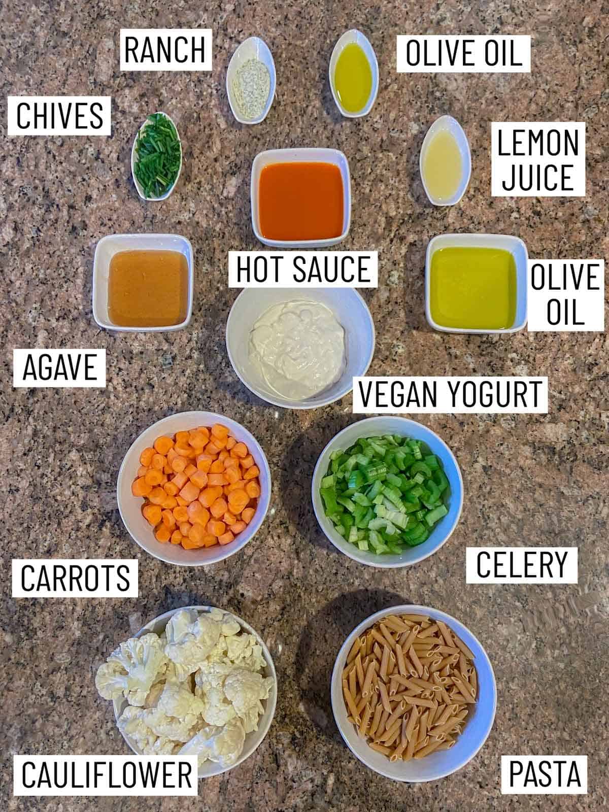 Ingredients needed to make gluten free pasta salad recipe.