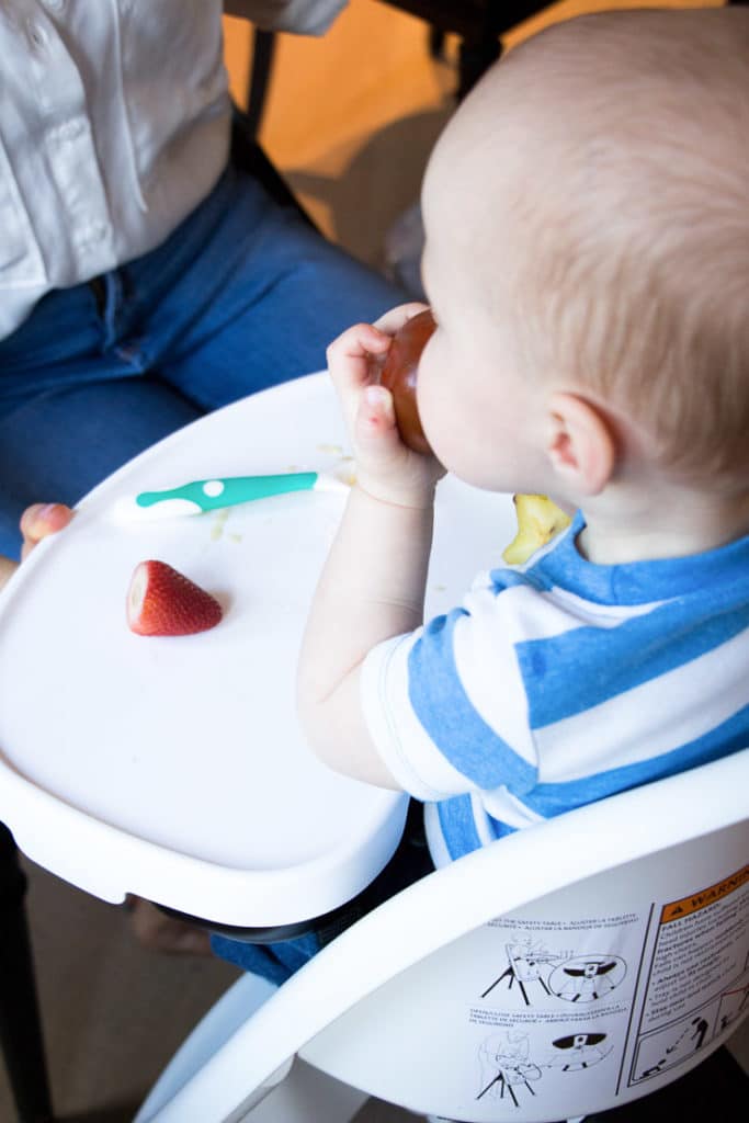 Baby boy sitting in a high chair eating a tomato.