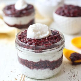 Vegan chia pudding in a small mason jar.