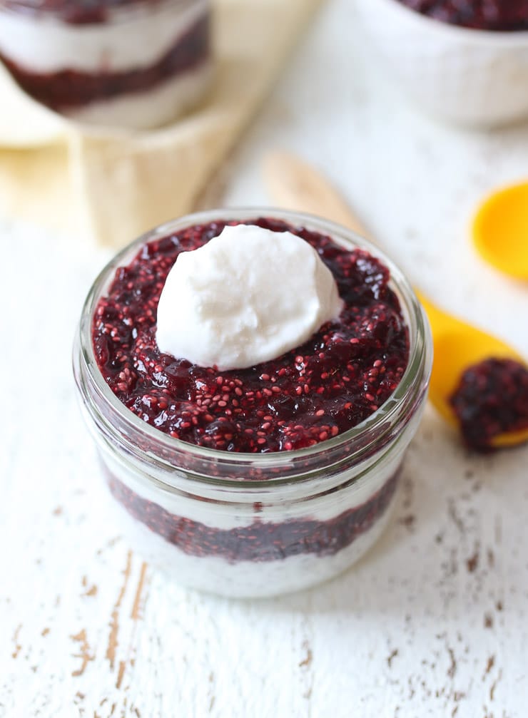 Vegan chia pudding in a small mason jar.