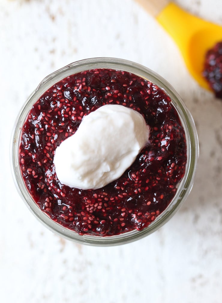 Vegan chia pudding in a small mason jar.