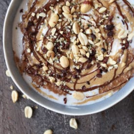 Bowl of chocolate peanut butter cauliflower oats.