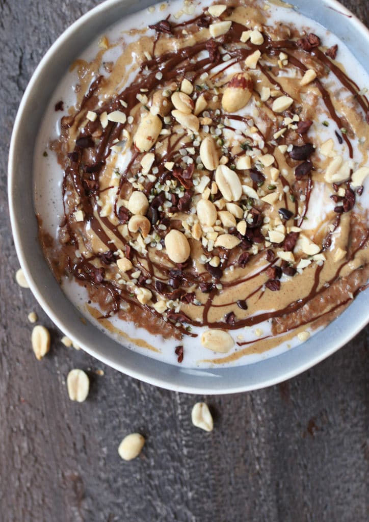 Bowl of chocolate peanut butter cauliflower oats.