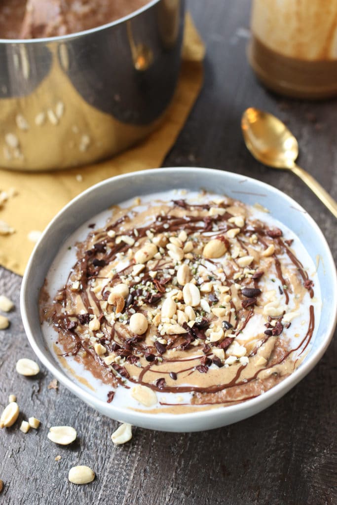 Bowl of chocolate peanut butter cauliflower oats.