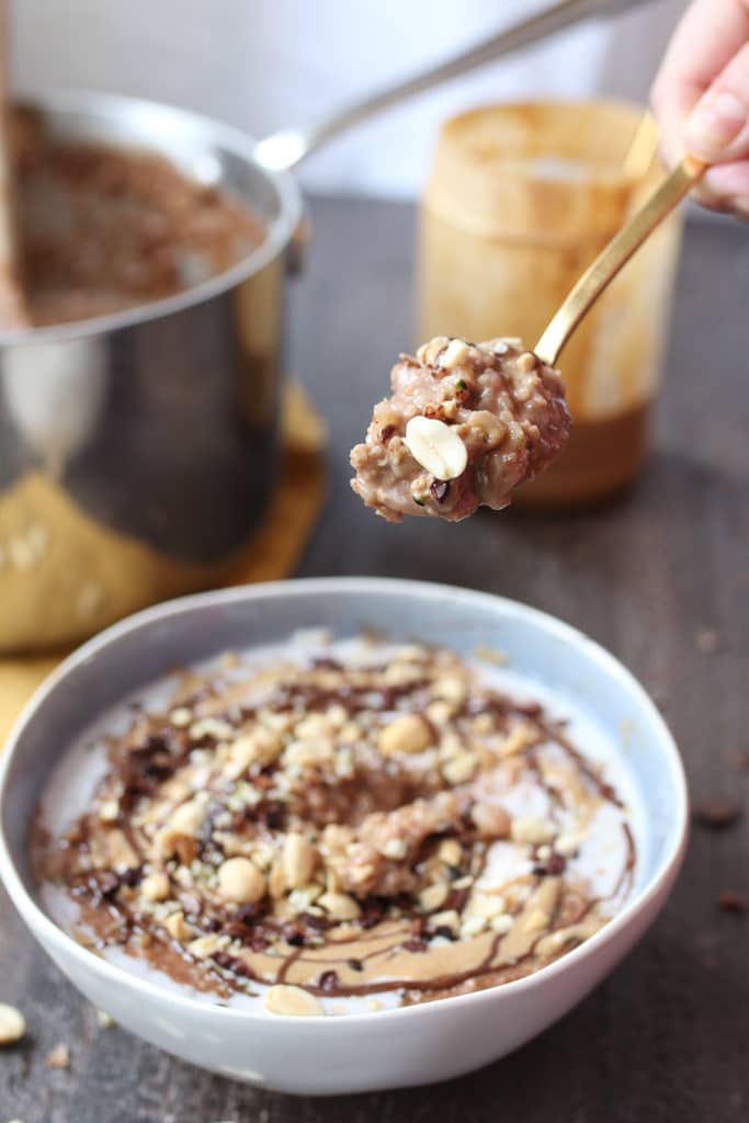 Bowl of chocolate peanut butter cauliflower oats.