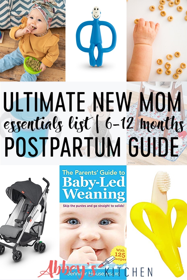 pinterest image of Mom essentials list for new moms for Six to twelve months old with text overlay