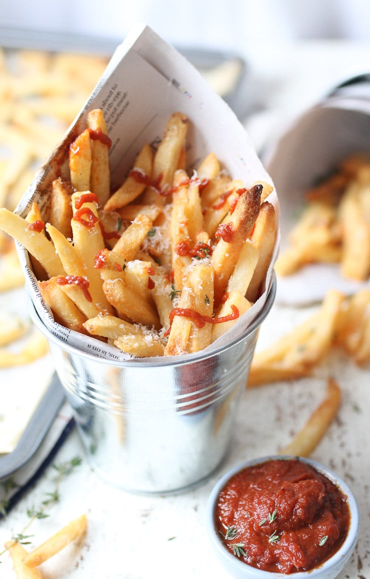 French fries in a bucket. 