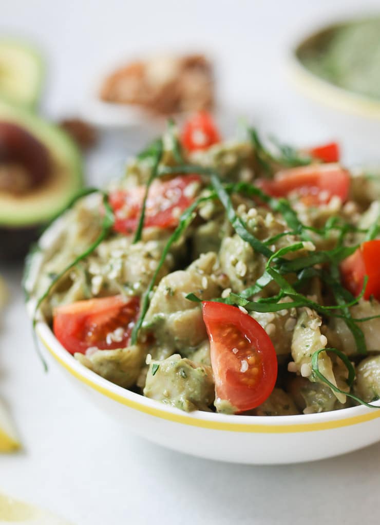 Avocado pasta in a small bowl.