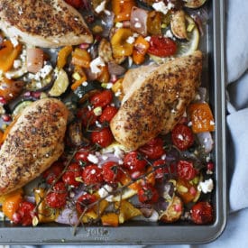 Greek chicken on a sheet pan with roasted veggies