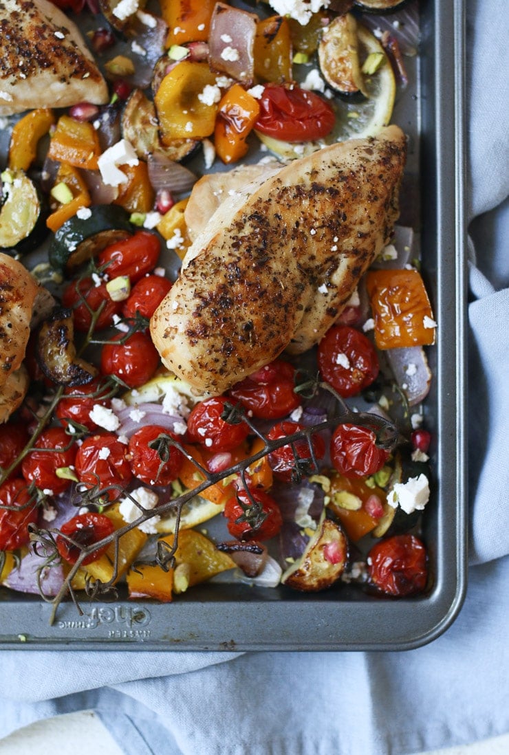 Greek chicken on a sheet pan with roasted vegetables