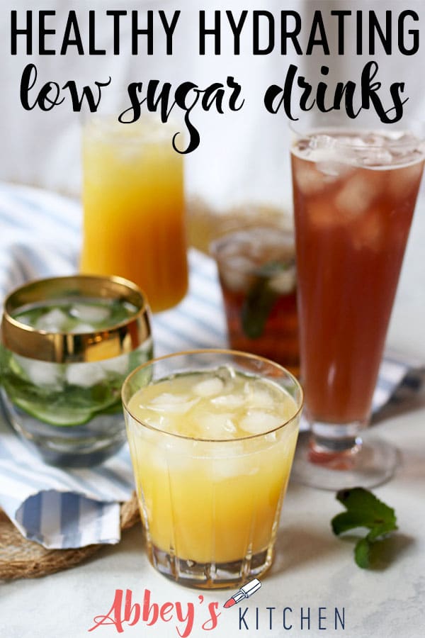 pinterest image of five healthy low sugar drinks in clear glasses with text overlay.