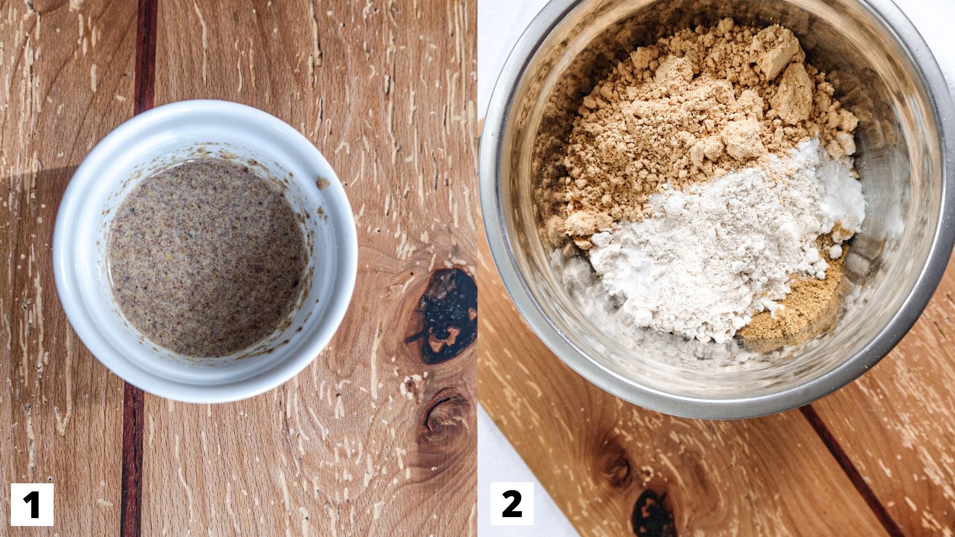 A process shot of the peanut butter and jelly cookies with step one showing the preparation of a flax egg in a ramekin dish, and step two showing the mixing of the dry ingredients in a mixing bowl.