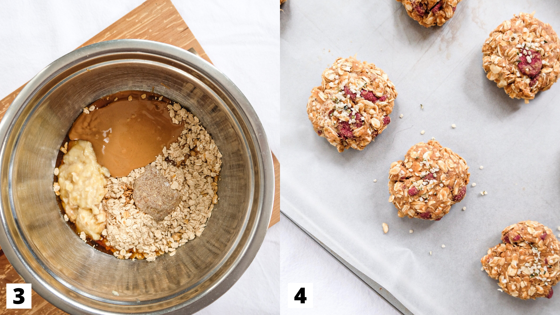 This is a process shot of steps three and four of the peanut butter and jelly breakfast cookies, with step three showing a mixing bowl with the wet and dry ingredients together and step four of the cookies rolled out into small balls on a baking sheet.