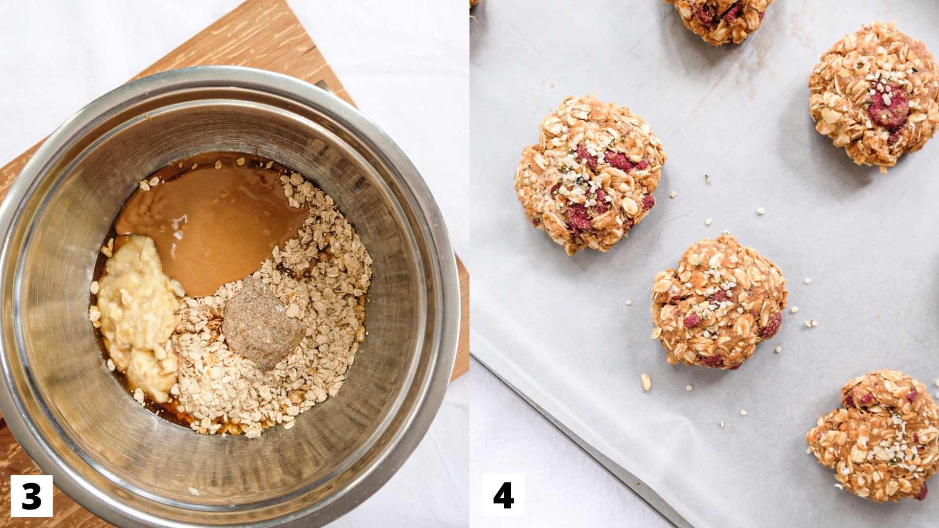 This is a process shot of steps three and four of the peanut butter and jelly breakfast cookies, with step three showing a mixing bowl with the wet and dry ingredients together and step four of the cookies rolled out into small balls on a baking sheet.  