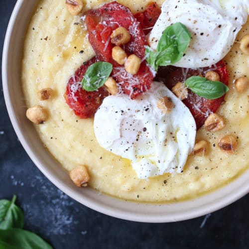 Gluten Free Creamy Polenta with Roasted Tomatoes and Poached Eggs