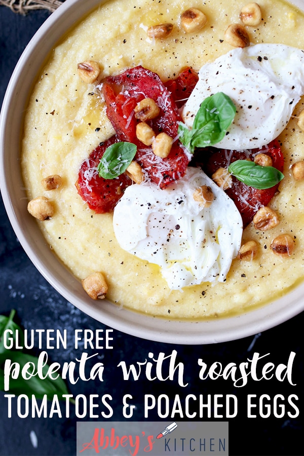 pinterest image of creamy polenta with poached eggs and roasted tomatoes with text overlay