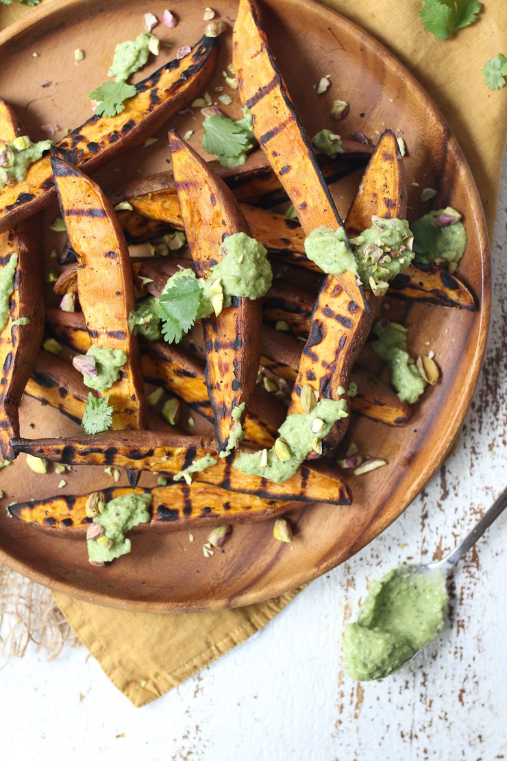 Grilled sweet potato with avocado lime sauce.