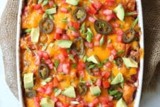 Mexican casserole in a large white dish.