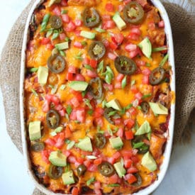 Mexican casserole in a large white dish.