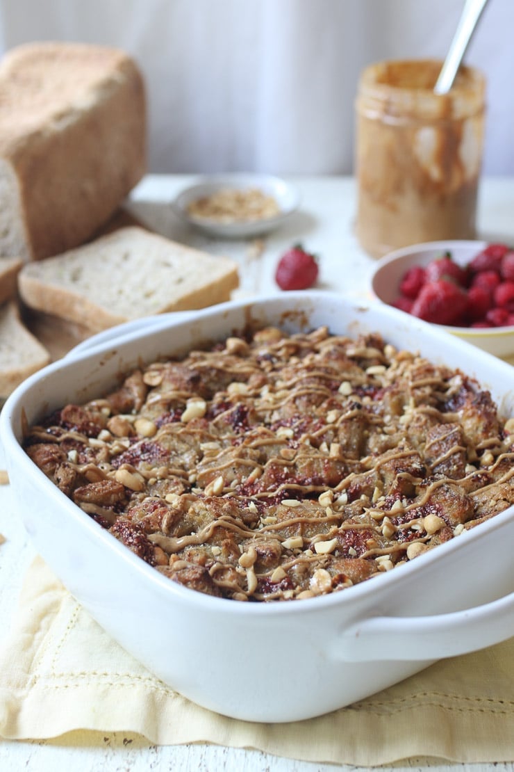 low fodmap peanut butter and jelly baked french toast in a white serving dish