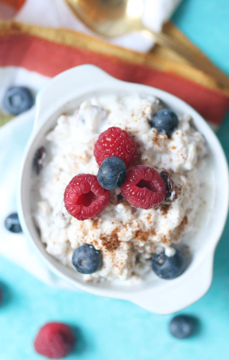 Rice pudding topped with berries