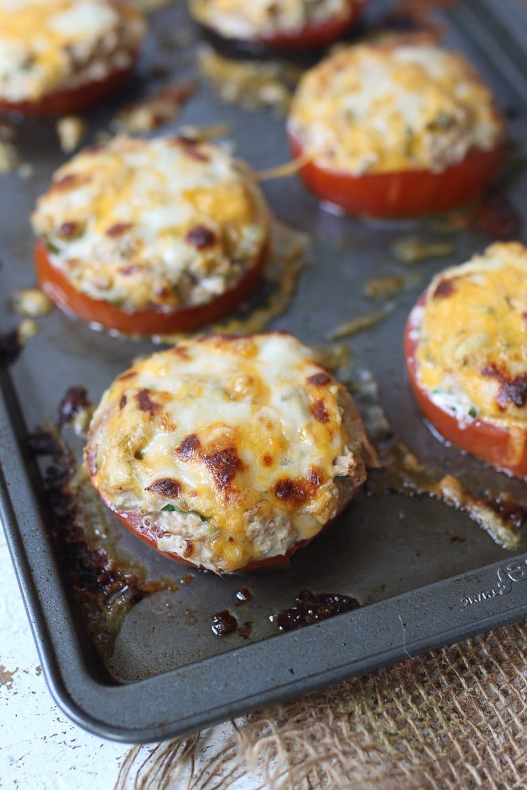 Up close picture of a tuna melt on a baking sheet.