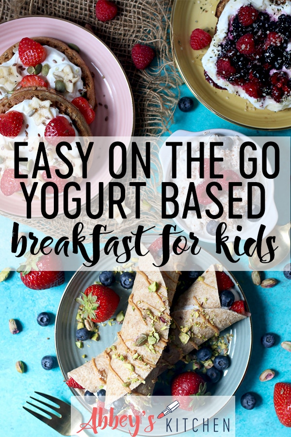 pinterest image of Crepes, waffles, rice pudding and toast topped with yogurt and berries with text overlay