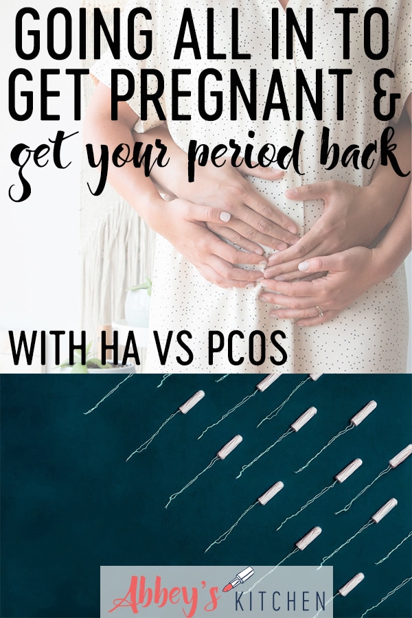 Pinterest image of two people holding a pregnant stomach above a photo of tampons with text overlay